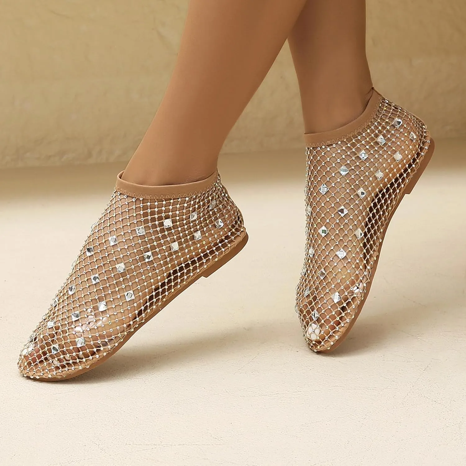 Ladies Breathable Hollow Mesh Breathable Rhinestone Decoration Flat Large Size Casual Womens Casual Shoes