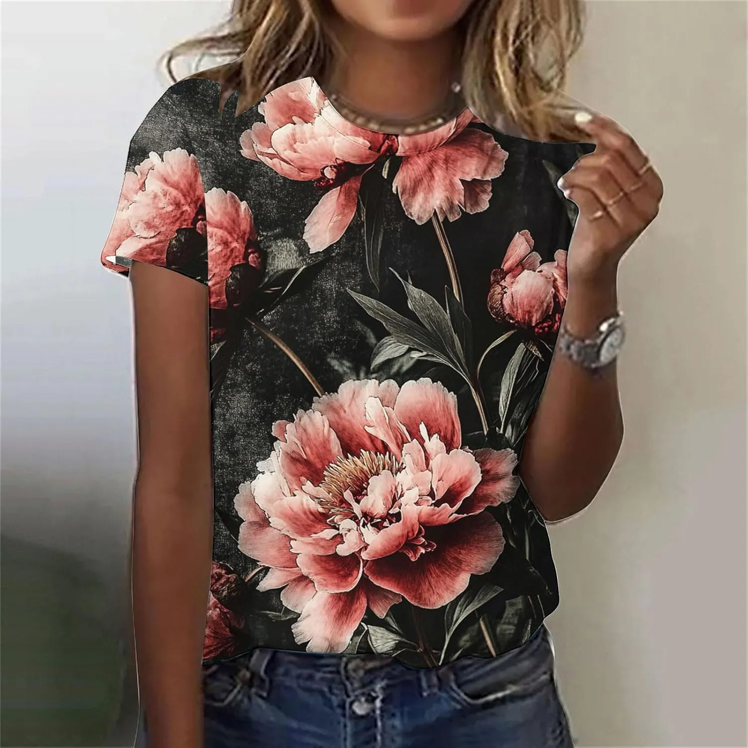 Ladies' Floral Printed Crewneck T-Shirt - 2025 Summer Boho Top with Short Sleeves & Casual Style