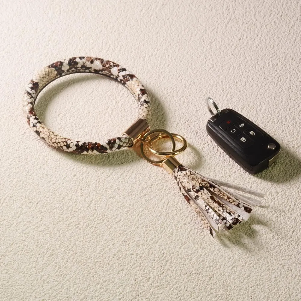 Lantintop Wristlet Keychain Bracelet Bangle Keyring Leather Round Tassel Keychain for Women
