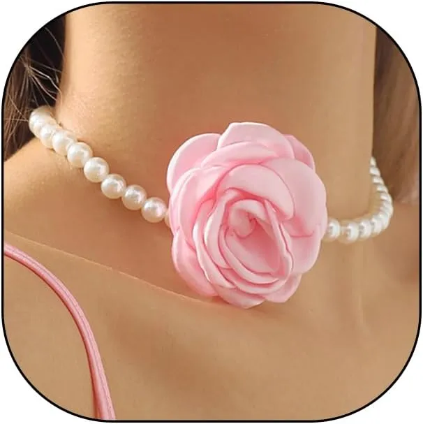 Large Rose Flower Pearl Choker Necklaces, Vintage French Camellia Charm Short Clavicle Necklaces, Fashion Statement Jewelry Gifts for Women