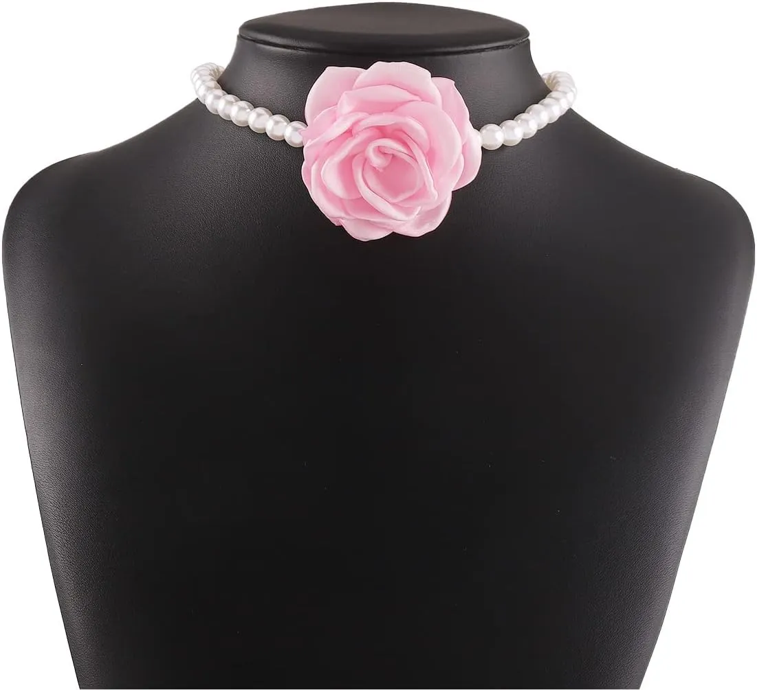 Large Rose Flower Pearl Choker Necklaces, Vintage French Camellia Charm Short Clavicle Necklaces, Fashion Statement Jewelry Gifts for Women