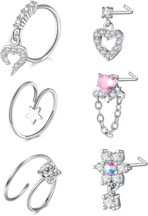 LAURITAMI 18g 20g 22g Nose Rings Surgical Steel Nose Ring Nose Rings Hoops Studs Diamond Nose Nostril Piercing Jewelry for Women Men Silver Black Gold Rose Gold