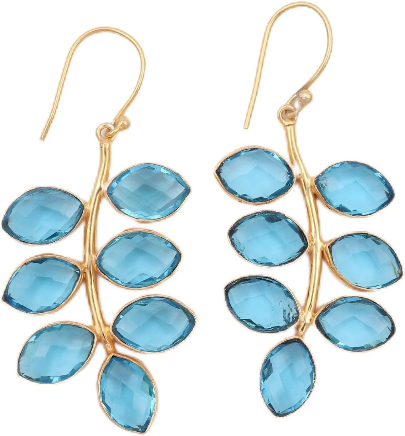 Leaf Design Blue Topaz Hydro Handmade Design Gemstone Brass Pear Shape Gold Plated Dangle Hook Earrings