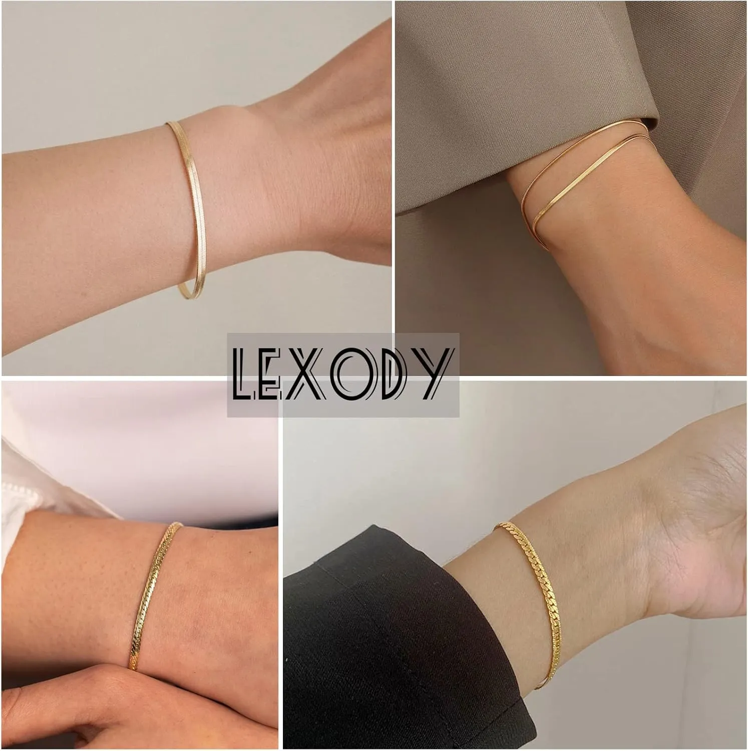 LEXODY Gold Bracelets for Women 14K Gold Herringbone Bracelets Sets Dainty Herringbone Jewelry Stackable Figaro Chain Paperclip Link Chain Cute Anklet Bracelet Pack for Women