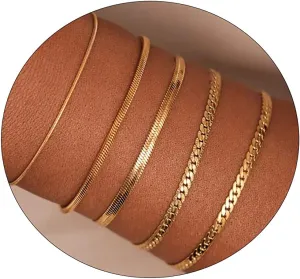 LEXODY Gold Bracelets for Women 14K Gold Herringbone Bracelets Sets Dainty Herringbone Jewelry Stackable Figaro Chain Paperclip Link Chain Cute Anklet Bracelet Pack for Women