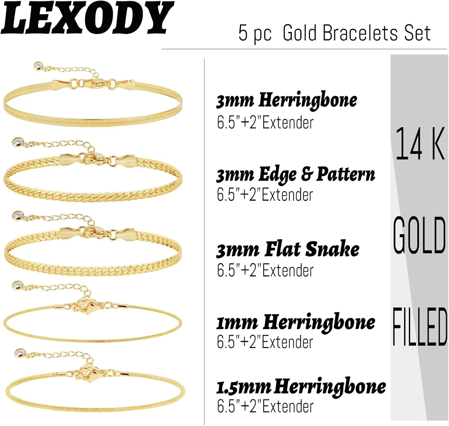 LEXODY Gold Bracelets for Women 14K Gold Herringbone Bracelets Sets Dainty Herringbone Jewelry Stackable Figaro Chain Paperclip Link Chain Cute Anklet Bracelet Pack for Women
