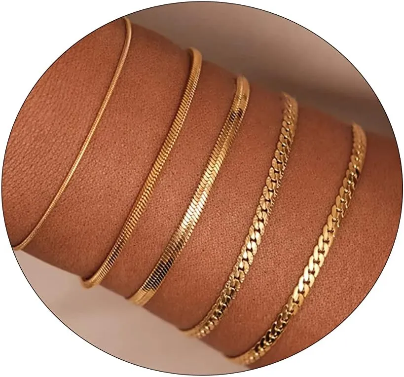 LEXODY Gold Bracelets for Women 14K Gold Herringbone Bracelets Sets Dainty Herringbone Jewelry Stackable Figaro Chain Paperclip Link Chain Cute Anklet Bracelet Pack for Women