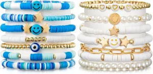LieToi Preppy Heishi Bracelets Set Colorful White Gold Smile Heart Star Evil Eye Beaded Polymer Clay Pearl Stackable Charm Y2K Kidcore Summer Beach Bohemian Layering Bracelets Jewelry for Women Girls Teens
