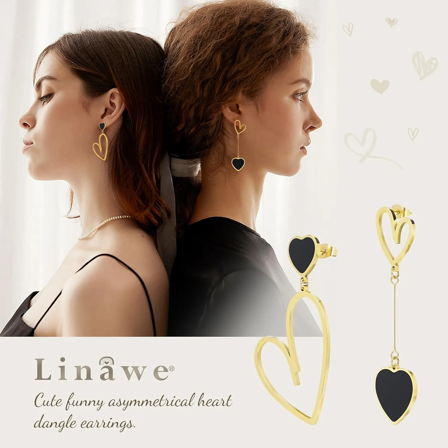 Linawe Titanium Stainless Steel Heart Dangle Earrings for Women - Trendy, Gold/Silver/Rose Gold Big Drop, Mismatched Love, Asymmetrical