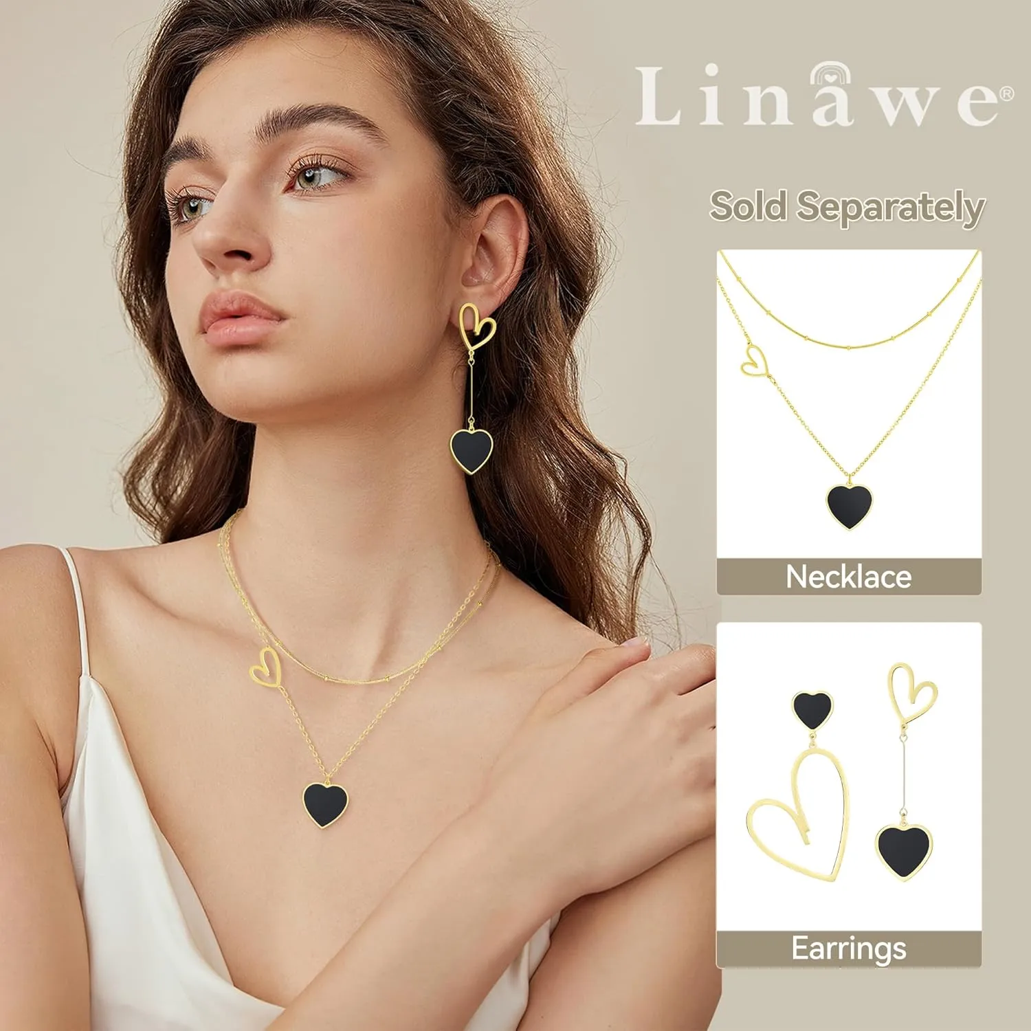 Linawe Titanium Stainless Steel Heart Dangle Earrings for Women - Trendy, Gold/Silver/Rose Gold Big Drop, Mismatched Love, Asymmetrical