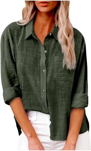Linen Blouses for Women 2024 Long Sleeve Button Collared Cotton Shirts Loose Tunic Summer Tshirt Spring Blouses