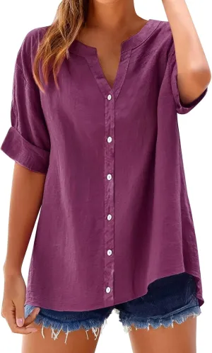 Linen Shirts for Women 2025 Summer Tops Casual Ruffle Short Sleeve V Neck Button Down Loose Fit Tops Shirt