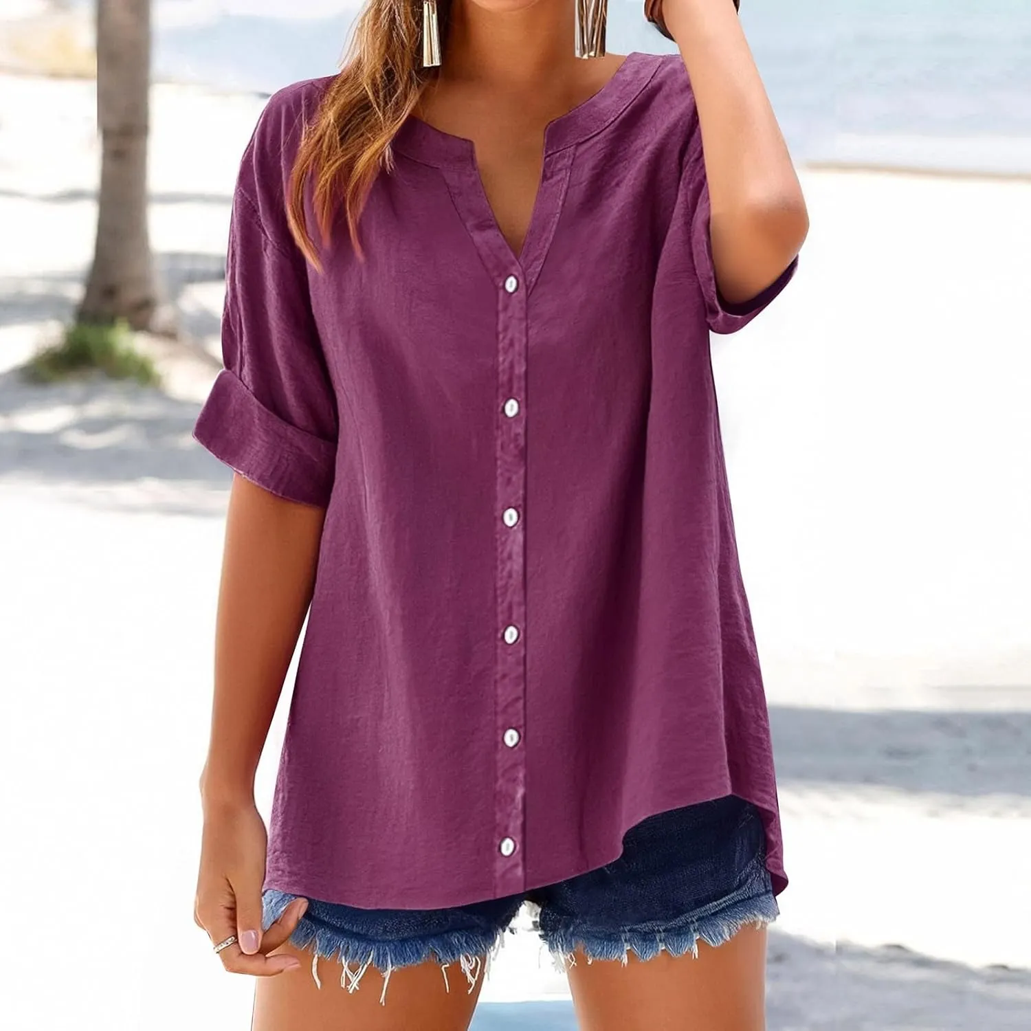 Linen Shirts for Women 2025 Summer Tops Casual Ruffle Short Sleeve V Neck Button Down Loose Fit Tops Shirt