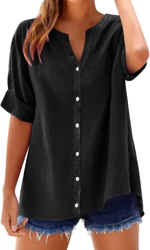 Linen Shirts for Women Summer 2025 Casual Womens Work Tops V Neck Button Down Blouse Ladies Basic Tees