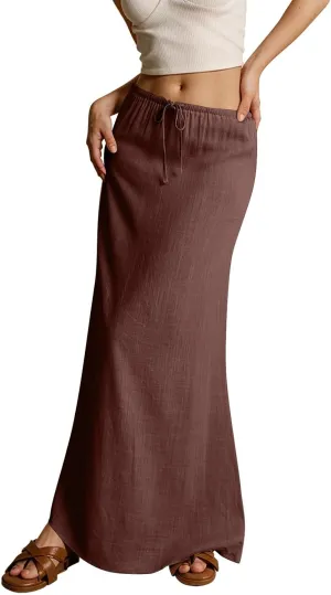 Linen Skirts for Women 2025 Casual Drawstring High Waisted Maxi Pencil Skirt Flowy Summer Beach Coverup Long Skirt