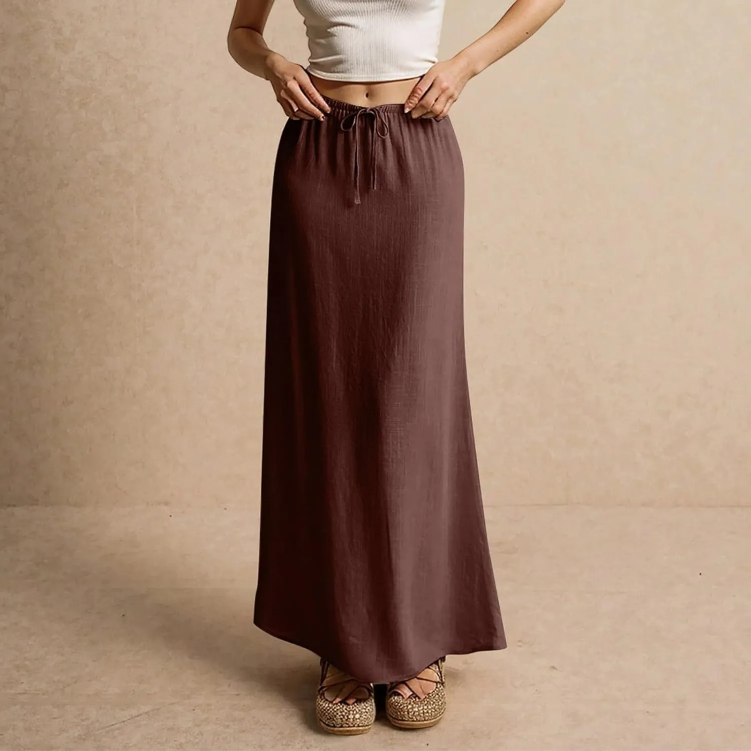 Linen Skirts for Women 2025 Casual Drawstring High Waisted Maxi Pencil Skirt Flowy Summer Beach Coverup Long Skirt