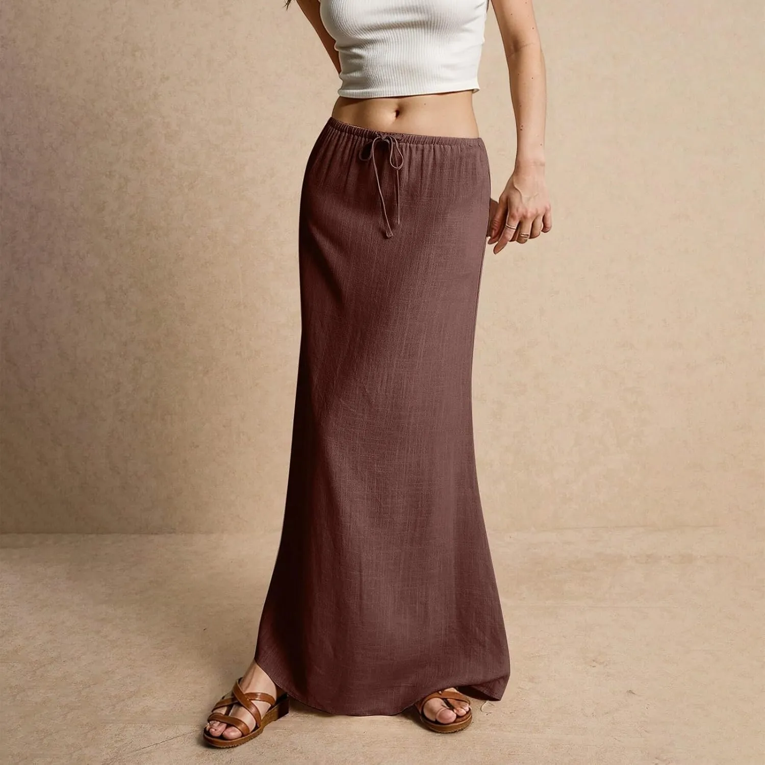 Linen Skirts for Women 2025 Casual Drawstring High Waisted Maxi Pencil Skirt Flowy Summer Beach Coverup Long Skirt