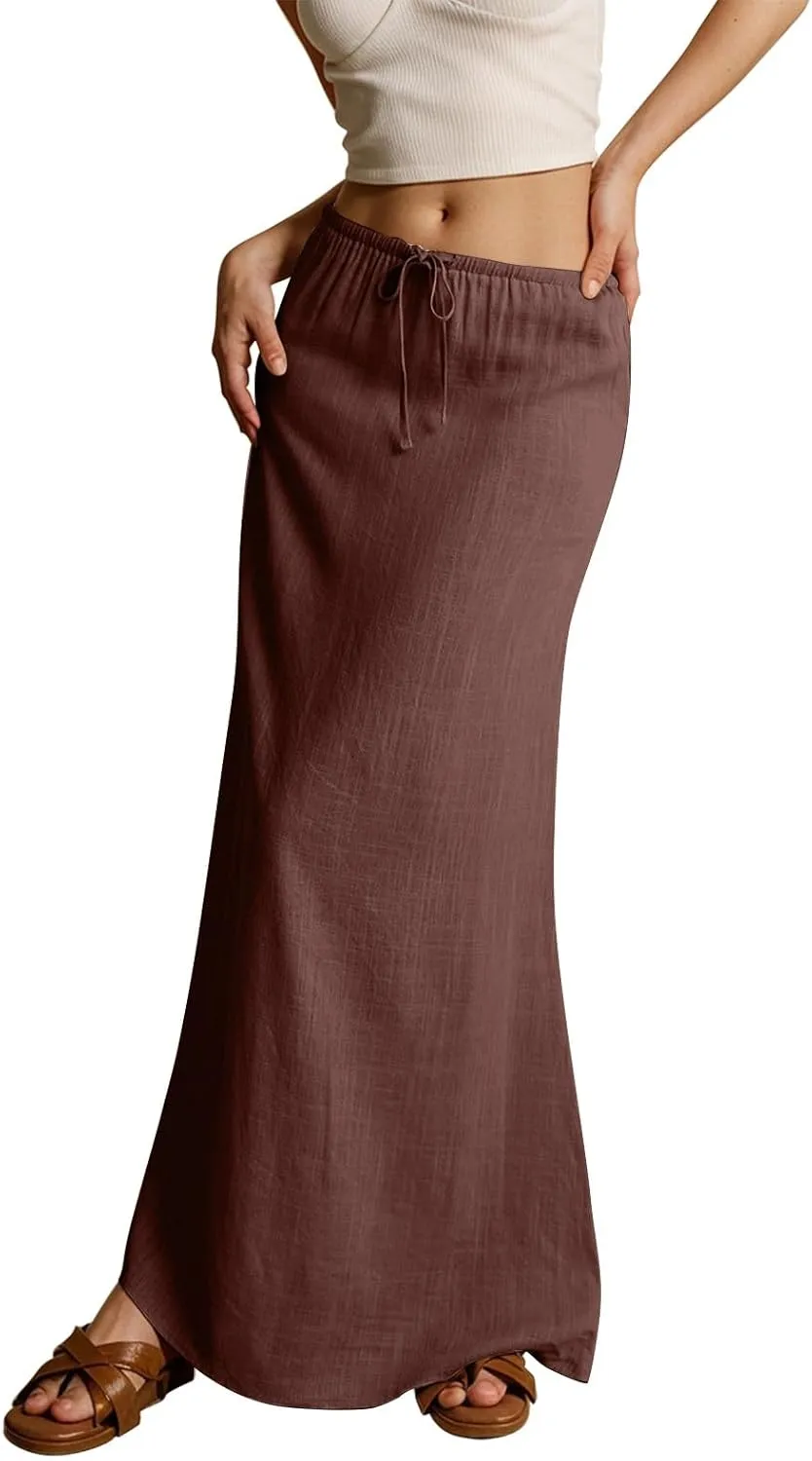 Linen Skirts for Women 2025 Casual Drawstring High Waisted Maxi Pencil Skirt Flowy Summer Beach Coverup Long Skirt