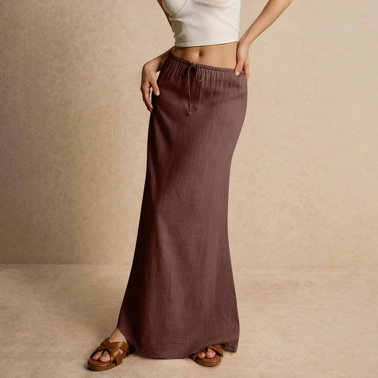 Linen Skirts for Women 2025 Casual Drawstring High Waisted Maxi Pencil Skirt Flowy Summer Beach Coverup Long Skirt
