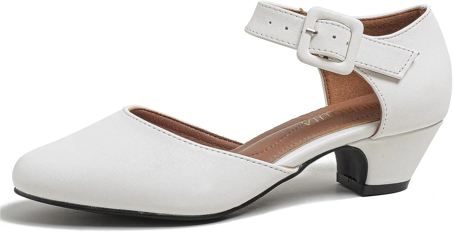 LIURUIJIA Women's Closed Toe Low Chunky Heel Pumps Ankle Strap Dress Shoes for Work Wedding Party Dance
