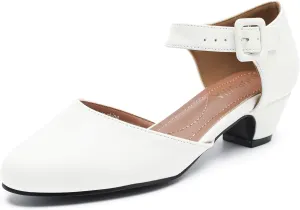 LIURUIJIA Women's Closed Toe Low Chunky Heel Pumps Ankle Strap Dress Shoes for Work Wedding Party Dance