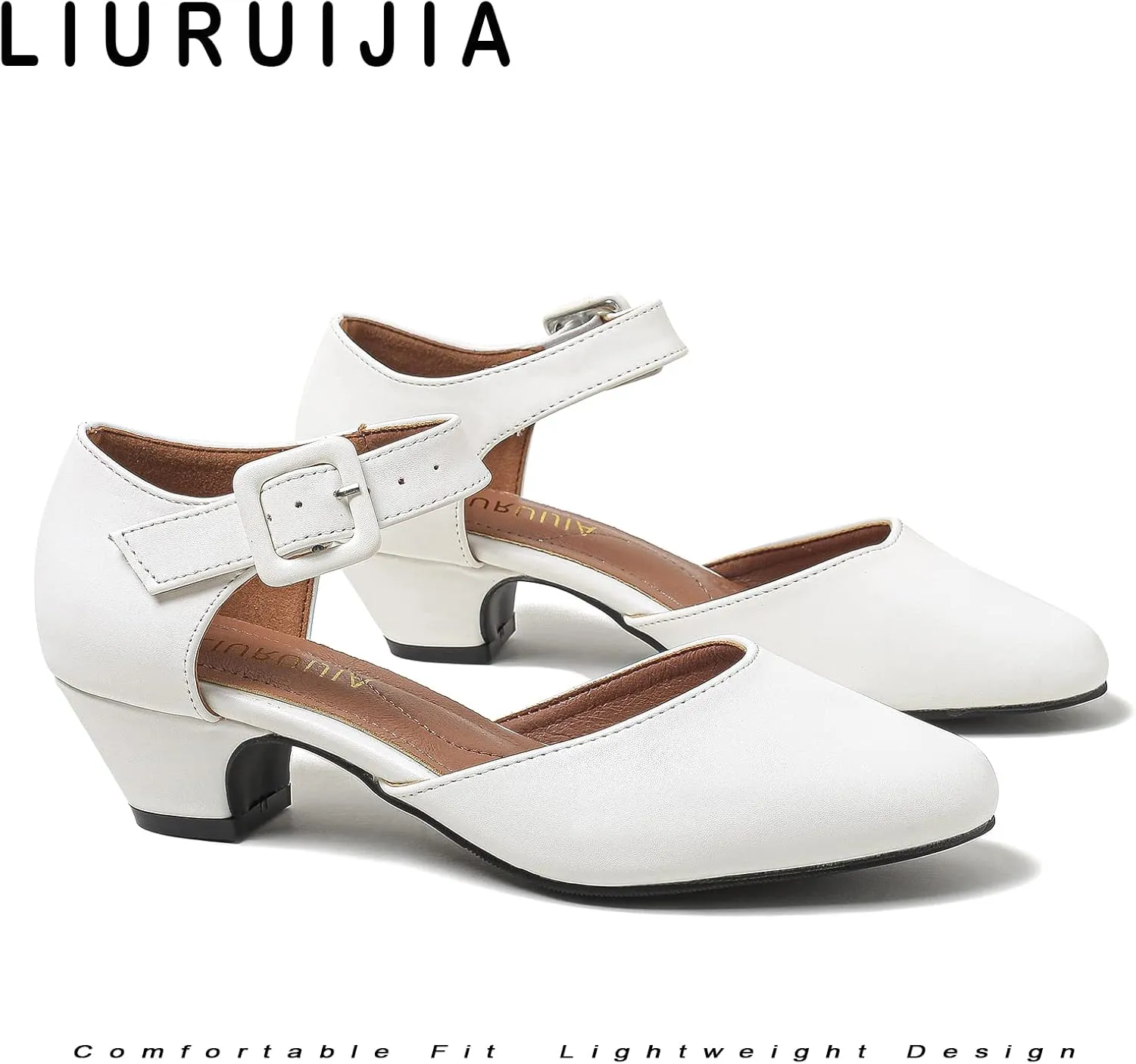 LIURUIJIA Women's Closed Toe Low Chunky Heel Pumps Ankle Strap Dress Shoes for Work Wedding Party Dance