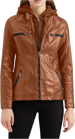 Lmdudan Hooded Leather Jacket for Women Motorcycle Coat Plus Size Long Sleeve Zipper Faux Leather Jackets Outwear & Pockets