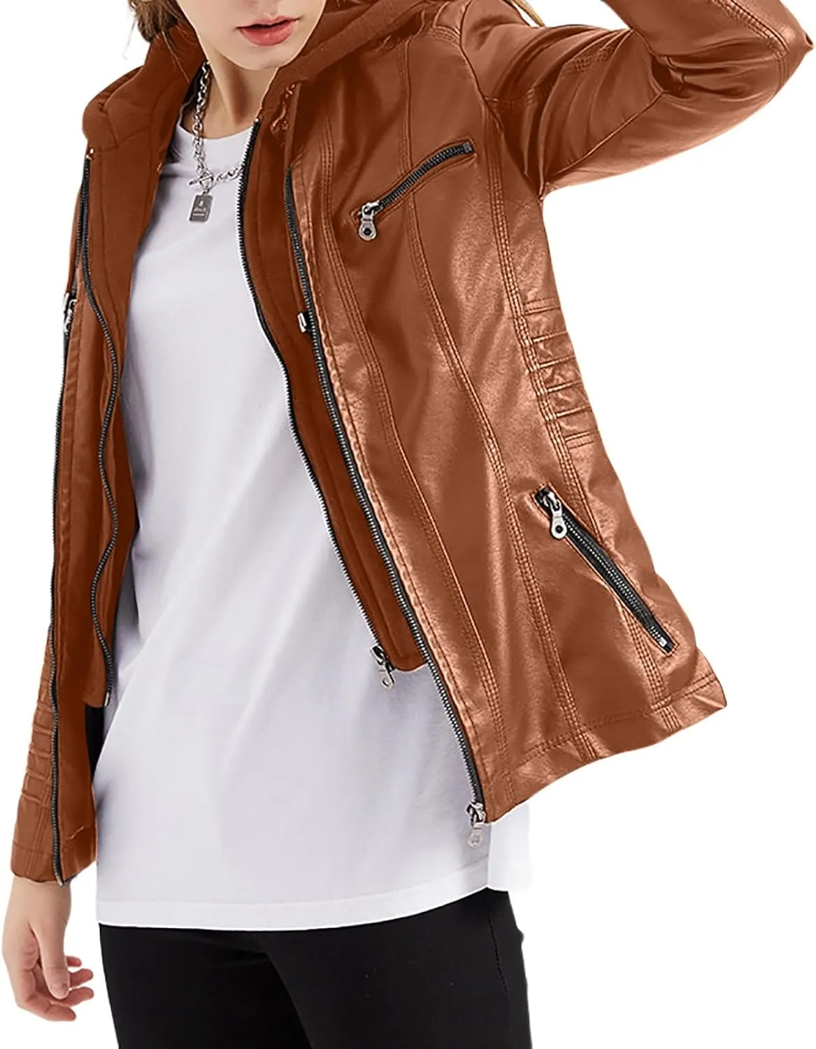 Lmdudan Hooded Leather Jacket for Women Motorcycle Coat Plus Size Long Sleeve Zipper Faux Leather Jackets Outwear & Pockets