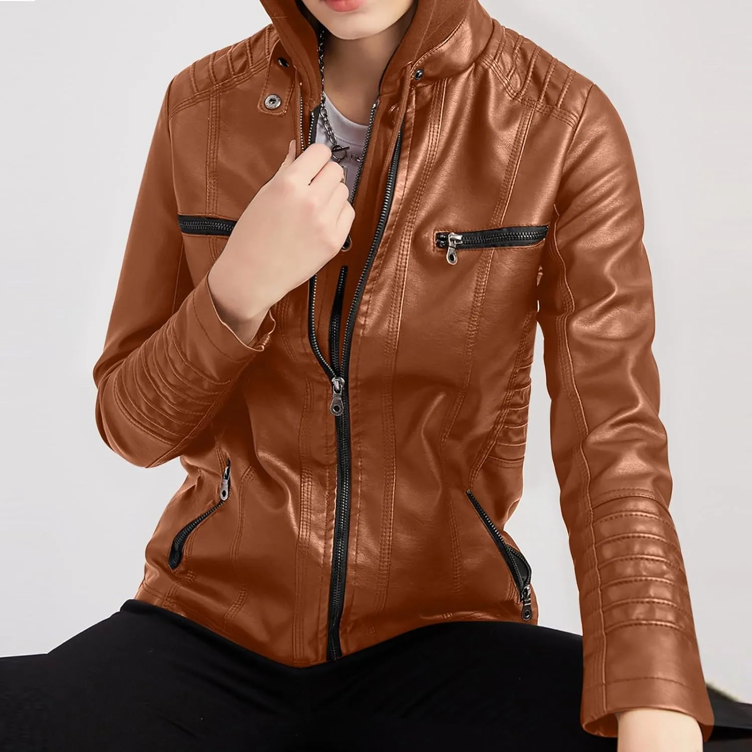Lmdudan Hooded Leather Jacket for Women Motorcycle Coat Plus Size Long Sleeve Zipper Faux Leather Jackets Outwear & Pockets