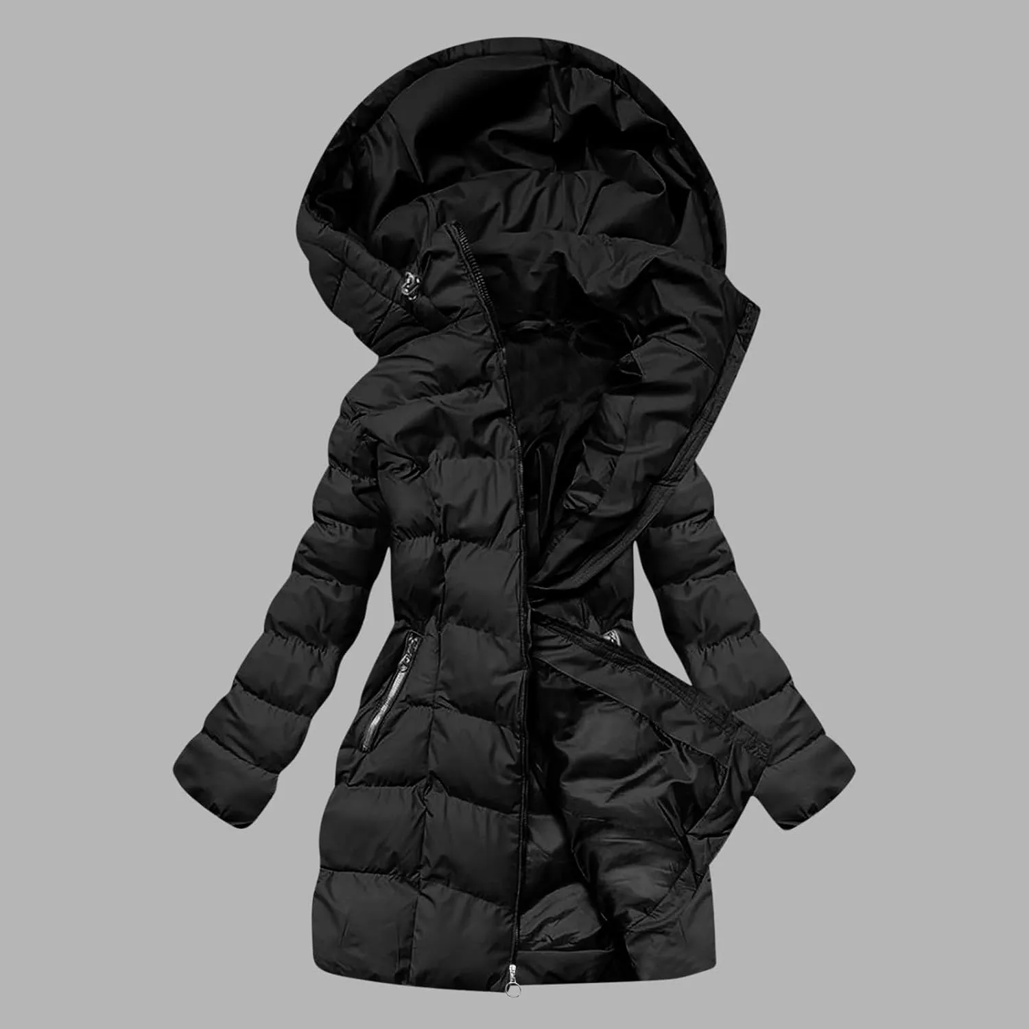 Lmdudan Women's Winter Down Jacket with Hood Quilted Puffer Coats 2024 Fashion Long Sleeve Warm Outwear with Pockets
