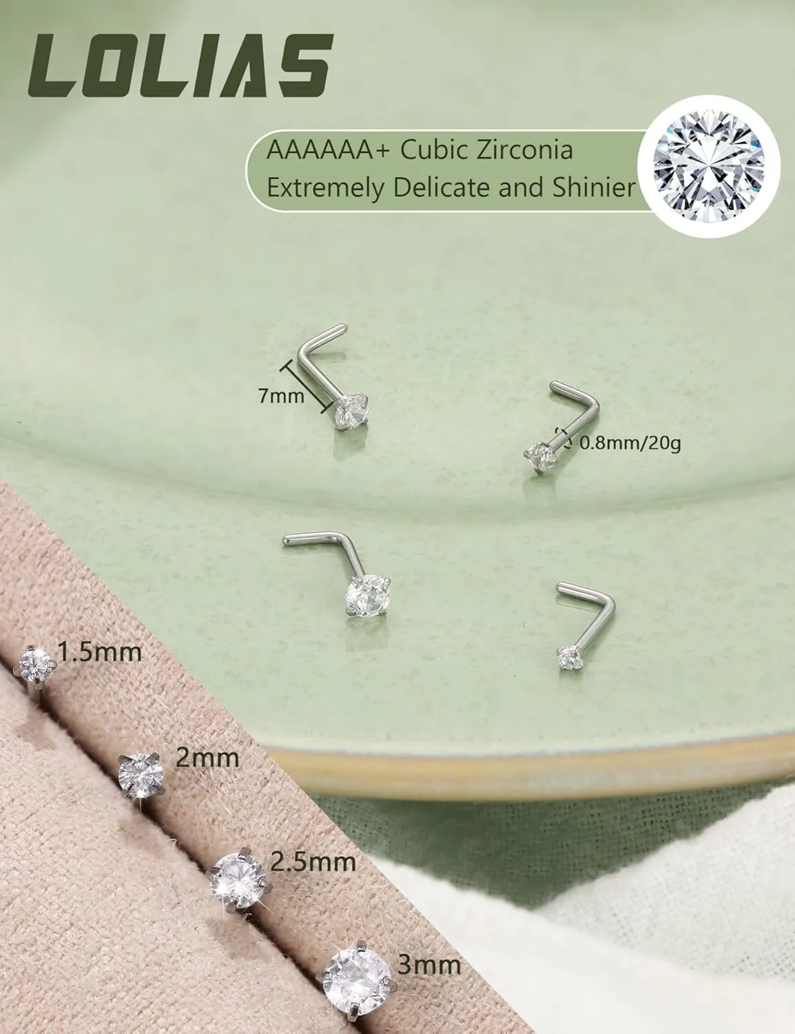 LOLIAS 14K Gold Filled Nose Studs 316L Surgical Steel Gold Nose Rings Studs 6A CZ Simulated Diamond Corkscrew L Shaped Nose Piercing Hypoallergenic Nose Rings for Women Men 20G