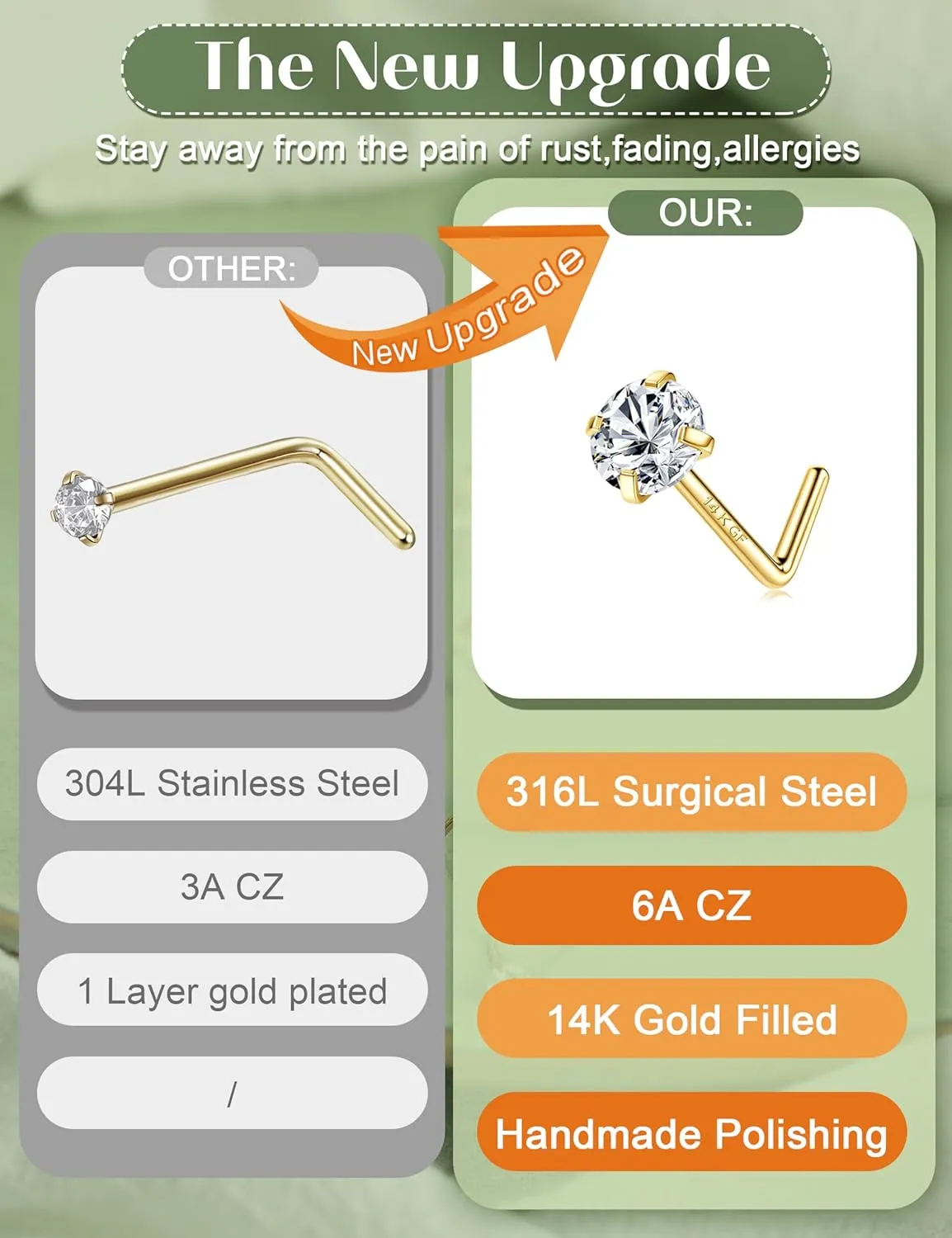 LOLIAS 14K Gold Filled Nose Studs 316L Surgical Steel Gold Nose Rings Studs 6A CZ Simulated Diamond Corkscrew L Shaped Nose Piercing Hypoallergenic Nose Rings for Women Men 20G