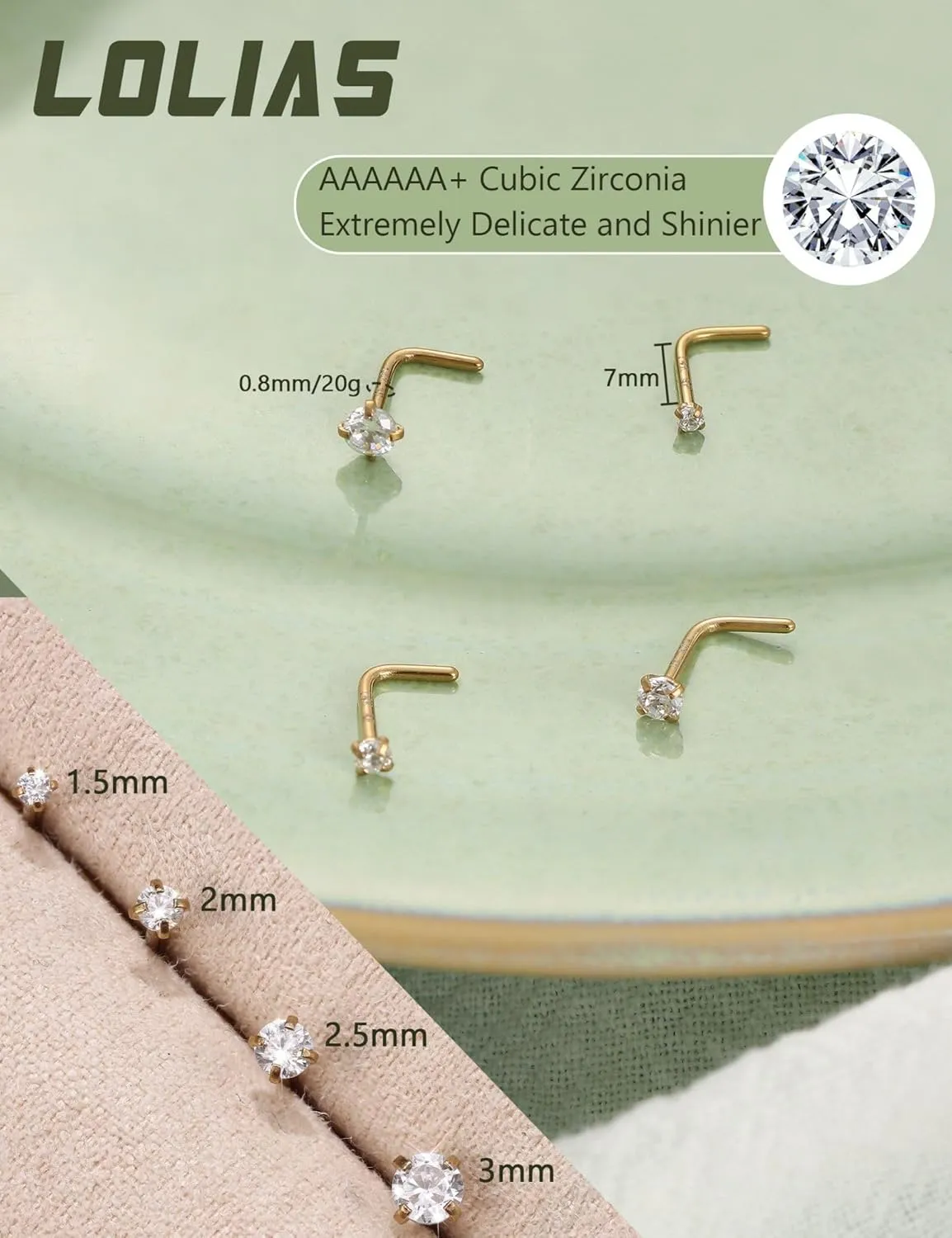 LOLIAS 14K Gold Filled Nose Studs 316L Surgical Steel Gold Nose Rings Studs 6A CZ Simulated Diamond Corkscrew L Shaped Nose Piercing Hypoallergenic Nose Rings for Women Men 20G