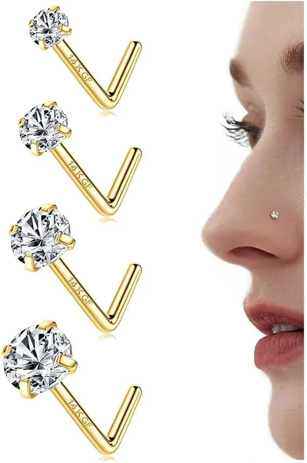 LOLIAS 14K Gold Filled Nose Studs 316L Surgical Steel Gold Nose Rings Studs 6A CZ Simulated Diamond Corkscrew L Shaped Nose Piercing Hypoallergenic Nose Rings for Women Men 20G