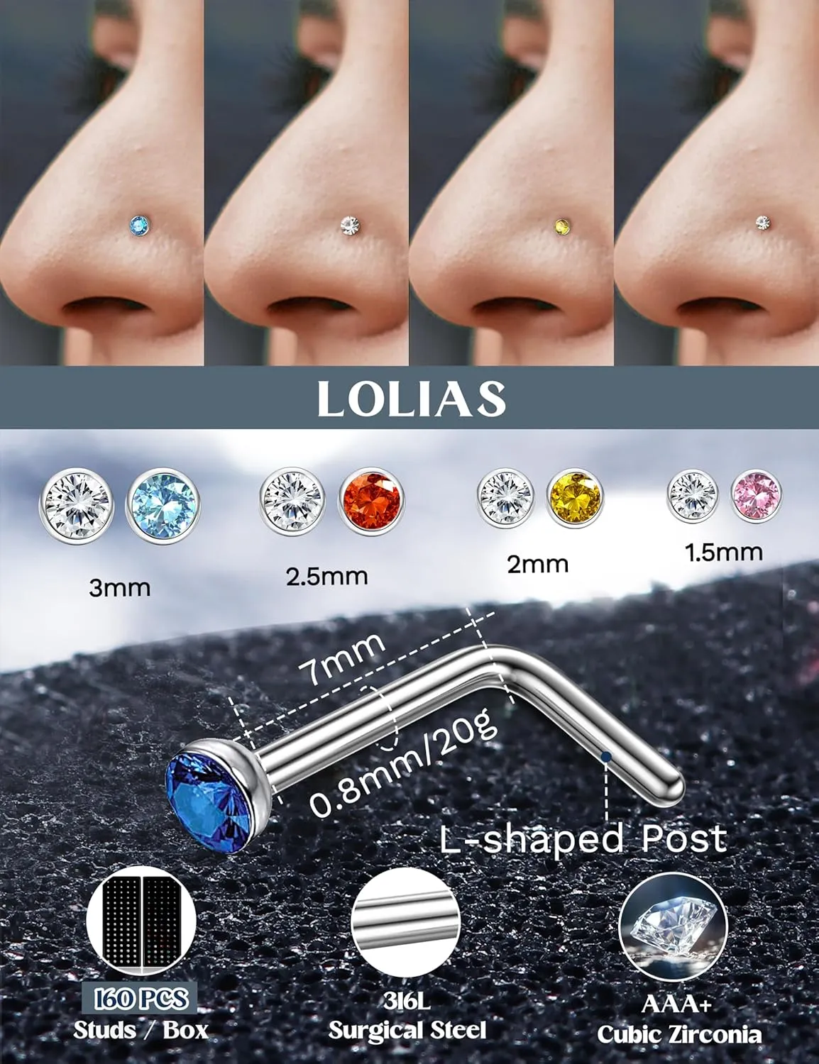 LOLIAS - Nose Rings Studs for Women Men - Straight or L Shaped Surgical Stainless Steel Small Nose Studs Pin - Hypoallergenic 20G 22G Tiny Nose Piercing Jewelry 1.5/2/2.5/3 mm CZ
