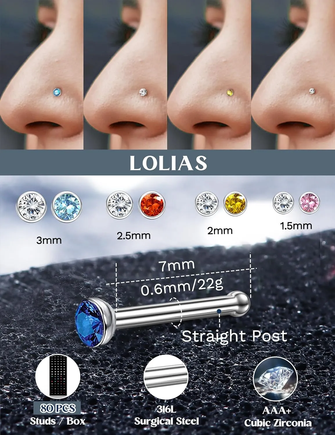 LOLIAS - Nose Rings Studs for Women Men - Straight or L Shaped Surgical Stainless Steel Small Nose Studs Pin - Hypoallergenic 20G 22G Tiny Nose Piercing Jewelry 1.5/2/2.5/3 mm CZ