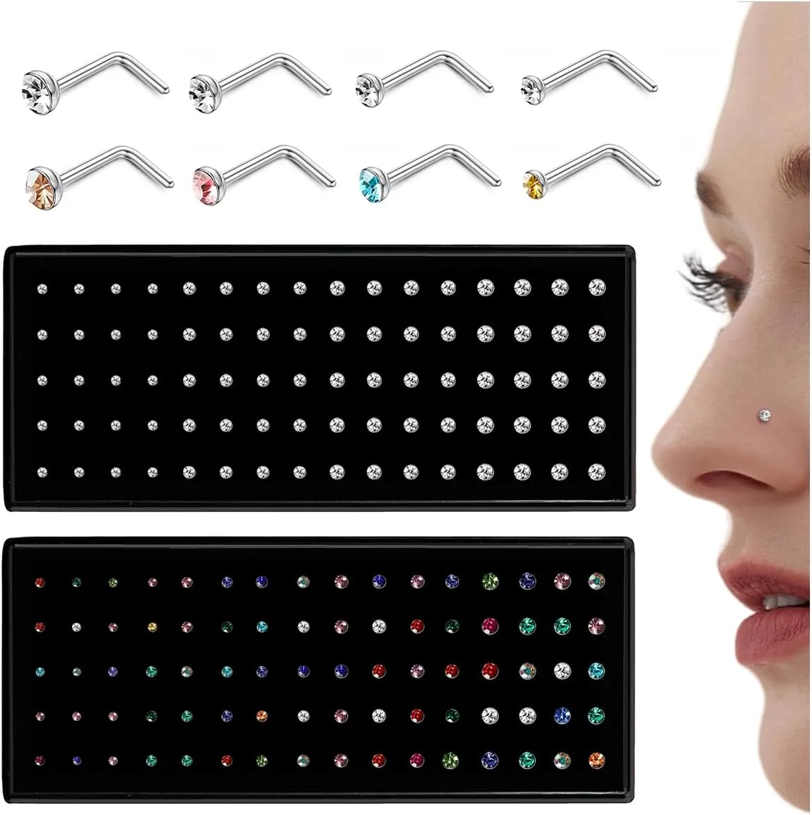 LOLIAS - Nose Rings Studs for Women Men - Straight or L Shaped Surgical Stainless Steel Small Nose Studs Pin - Hypoallergenic 20G 22G Tiny Nose Piercing Jewelry 1.5/2/2.5/3 mm CZ