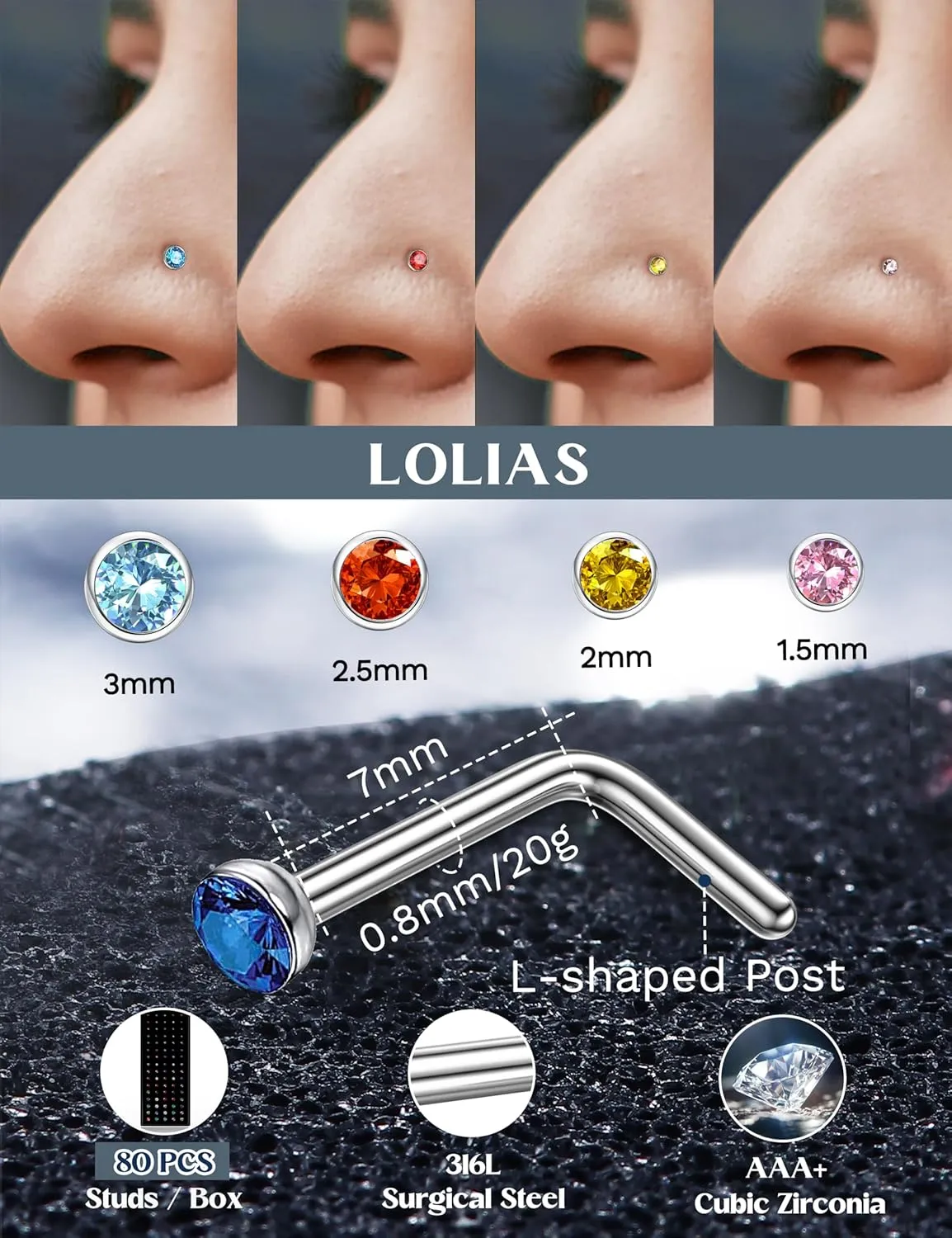 LOLIAS - Nose Rings Studs for Women Men - Straight or L Shaped Surgical Stainless Steel Small Nose Studs Pin - Hypoallergenic 20G 22G Tiny Nose Piercing Jewelry 1.5/2/2.5/3 mm CZ