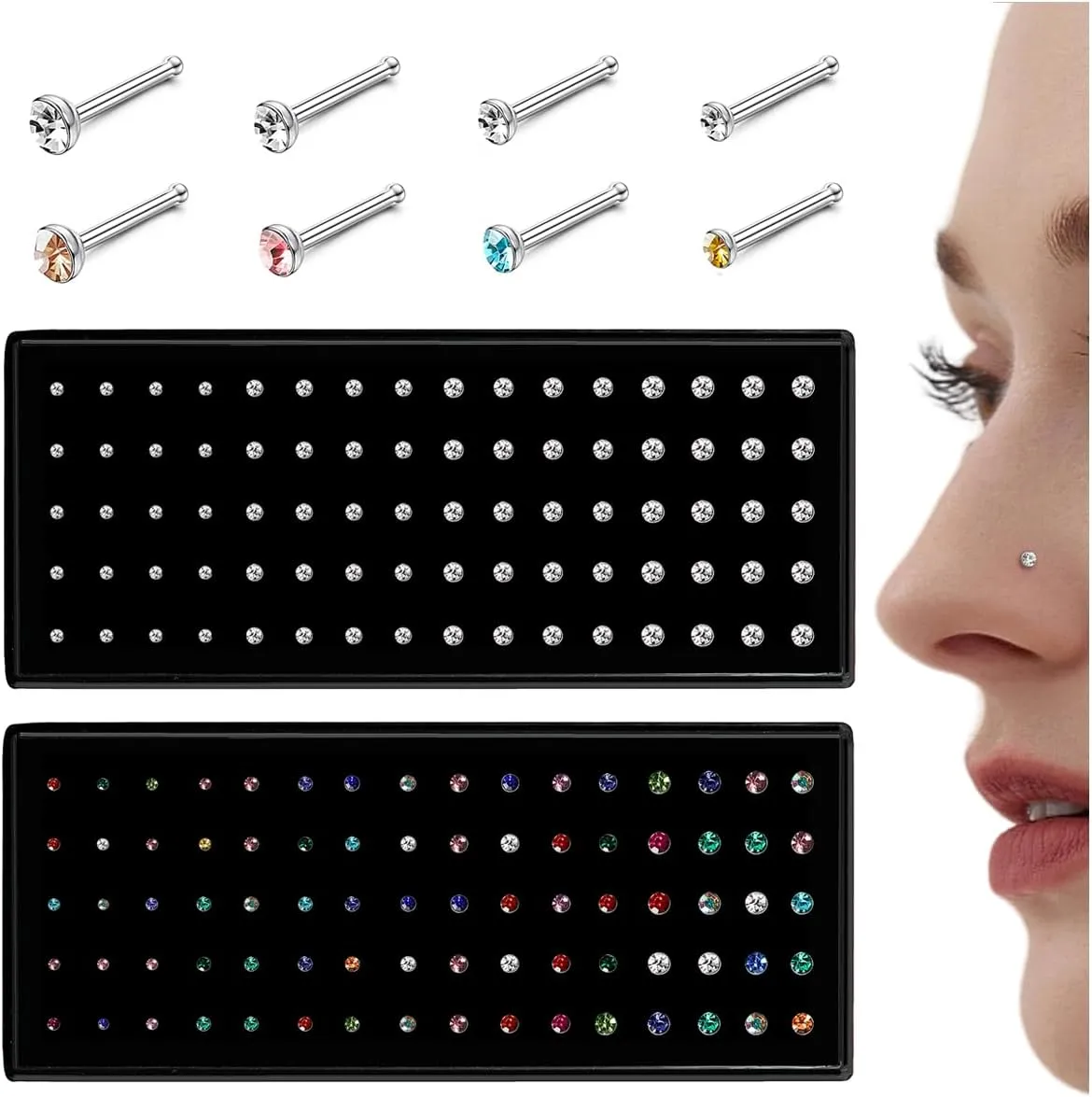 LOLIAS - Nose Rings Studs for Women Men - Straight or L Shaped Surgical Stainless Steel Small Nose Studs Pin - Hypoallergenic 20G 22G Tiny Nose Piercing Jewelry 1.5/2/2.5/3 mm CZ