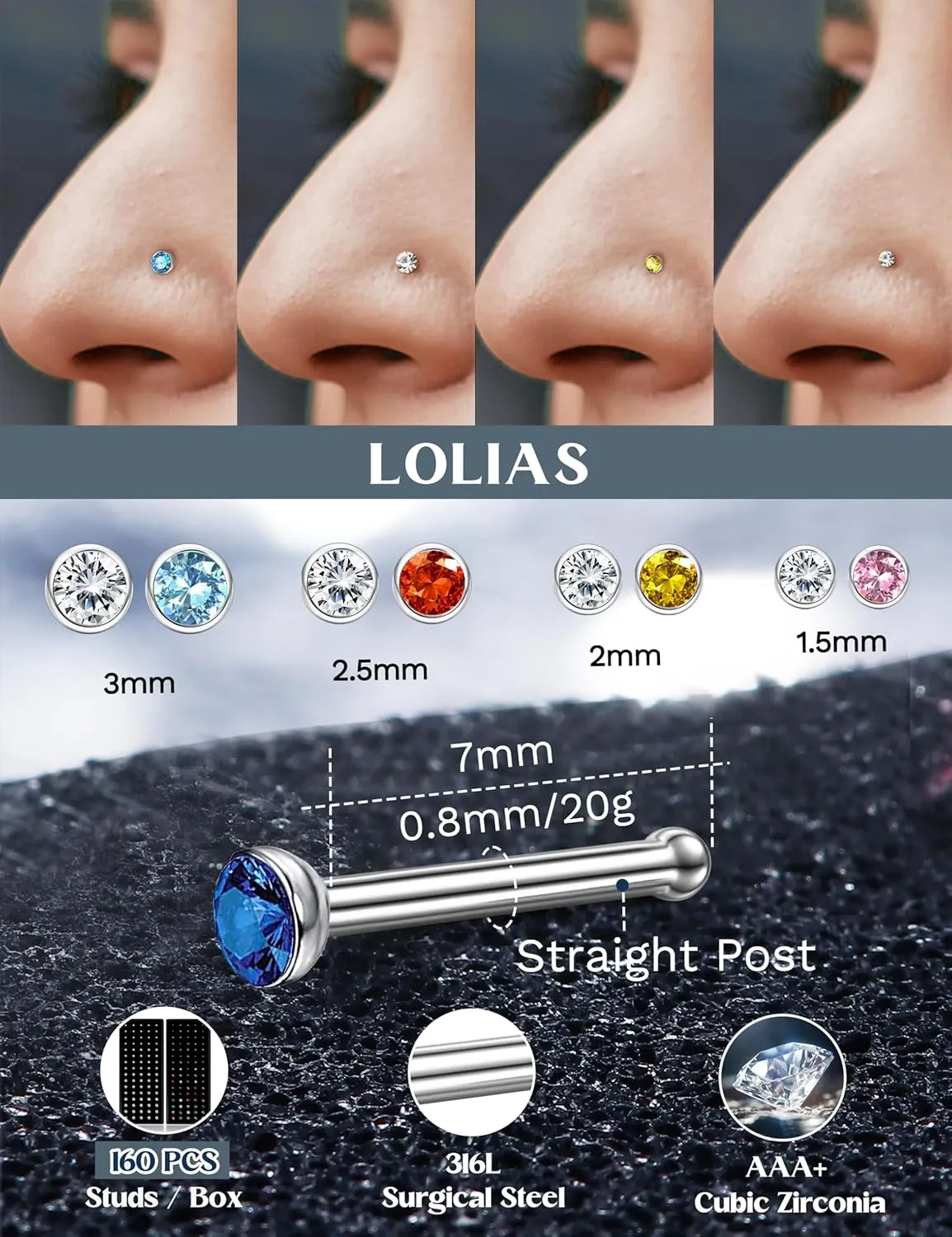 LOLIAS - Nose Rings Studs for Women Men - Straight or L Shaped Surgical Stainless Steel Small Nose Studs Pin - Hypoallergenic 20G 22G Tiny Nose Piercing Jewelry 1.5/2/2.5/3 mm CZ