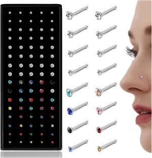 LOLIAS - Nose Rings Studs for Women Men - Straight or L Shaped Surgical Stainless Steel Small Nose Studs Pin - Hypoallergenic 20G 22G Tiny Nose Piercing Jewelry 1.5/2/2.5/3 mm CZ