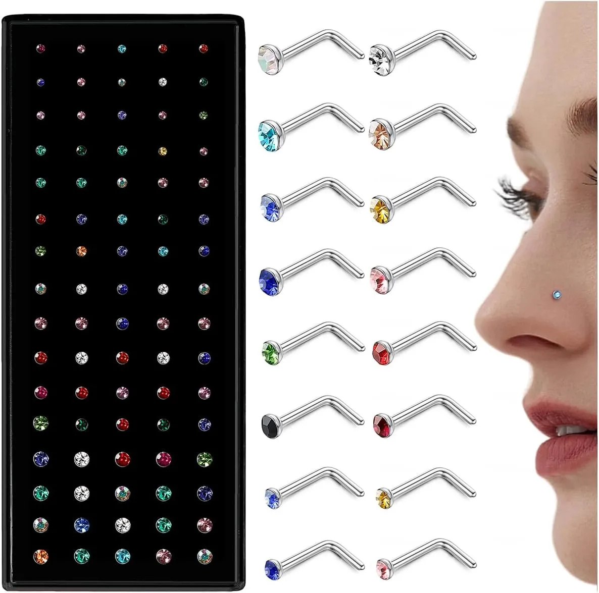 LOLIAS - Nose Rings Studs for Women Men - Straight or L Shaped Surgical Stainless Steel Small Nose Studs Pin - Hypoallergenic 20G 22G Tiny Nose Piercing Jewelry 1.5/2/2.5/3 mm CZ