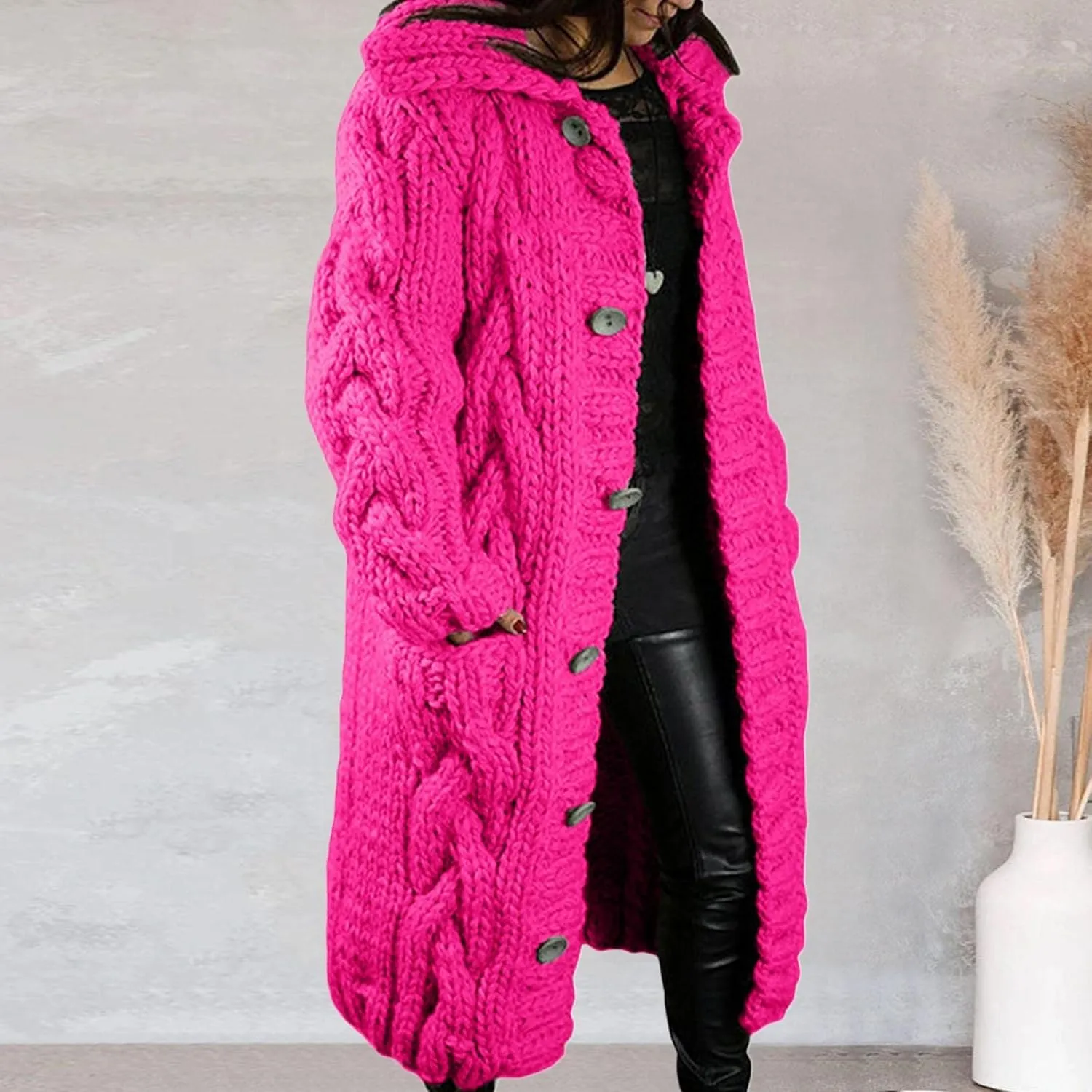 Long Cardigan for Women Long Sleeve Cable Knit Button Up Loose Plain Winter Hooded Trench Coat with Pocket Warm Overcoat