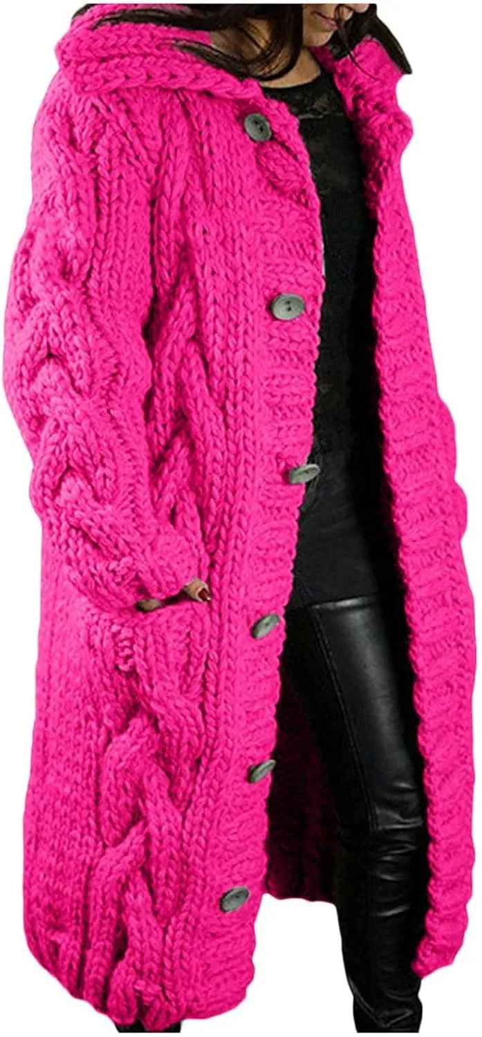 Long Cardigan for Women Long Sleeve Cable Knit Button Up Loose Plain Winter Hooded Trench Coat with Pocket Warm Overcoat