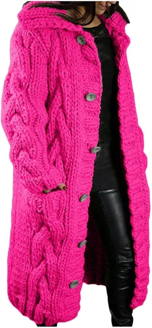 Long Cardigan for Women Long Sleeve Cable Knit Button Up Loose Plain Winter Hooded Trench Coat with Pocket Warm Overcoat