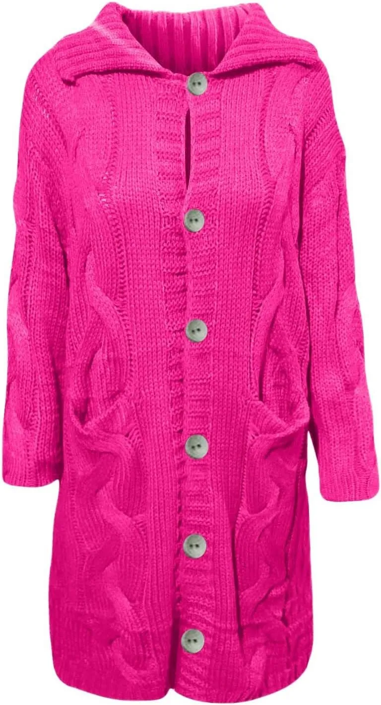 Long Cardigan for Women Long Sleeve Cable Knit Button Up Loose Plain Winter Hooded Trench Coat with Pocket Warm Overcoat