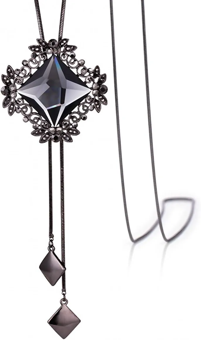 Long Chain Necklace With Rhombus Pendant and Sparkly Glass | Charm Jewelry for Women | Boho Long Pendant