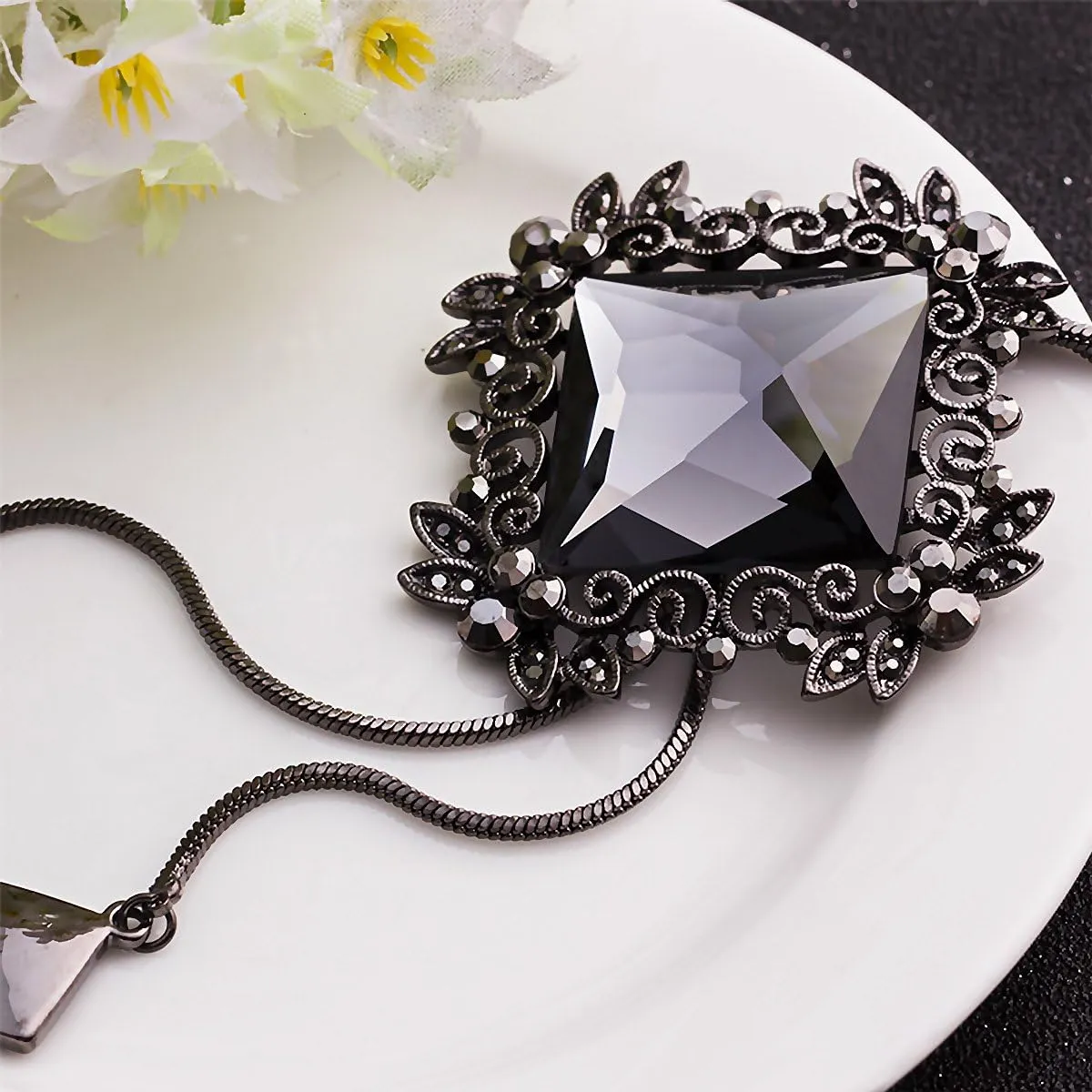 Long Chain Necklace With Rhombus Pendant and Sparkly Glass | Charm Jewelry for Women | Boho Long Pendant