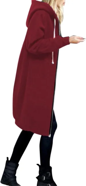 Long Jacket for Women Long Sleeve V Neck Full Zip Up Plain Trench Hooded Coat with Pocket Knee Length with Hood Outerwear
