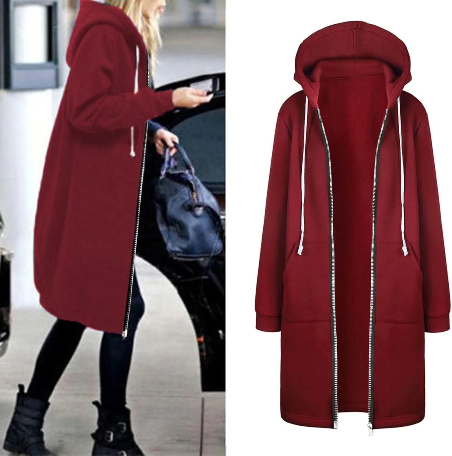 Long Jacket for Women Long Sleeve V Neck Full Zip Up Plain Trench Hooded Coat with Pocket Knee Length with Hood Outerwear